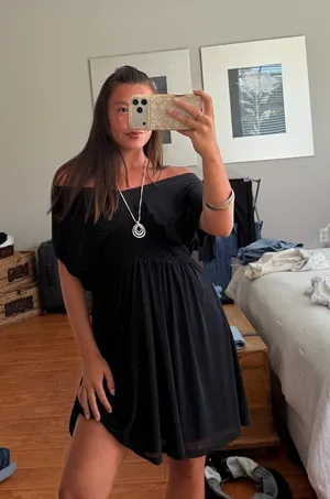 Old Navy black off-the-shoulder smocked mini dress thumbnail 1