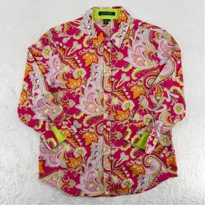 Lauren Ralph Lauren Hot Pink Lime Green Paisley Top Preppy Dopamine Y2K Medium thumbnail 1