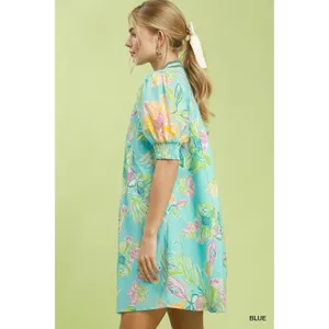 Umgee Botanical Print‎ Dress with Smocked Cuffs - Blue - Small thumbnail 2