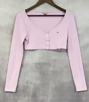 Tommy Jeans Crop Top Women‎ Medium Pink Ribbed Y2K Girly Preppy Ballet Pastel thumbnail 1