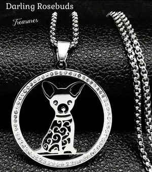 Chihuahua Dog Shape Pendant Necklace Adjustable stainless steel with rhinestone thumbnail 1