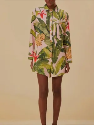 Farm Rio Pink Banana Leaves Linen Jumpsuit Small Long Sleeve Tropical Vacay Chic thumbnail 2