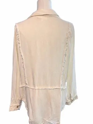 Böhme Cream Rayon Linen Blend Raw Edge Button Front Boho Blouse Size Small thumbnail 3