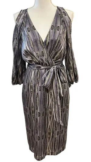 Mark & James by Badgley Mischka Silk Faux Wrap Cocktail Dress Size M Glam 70s thumbnail 1