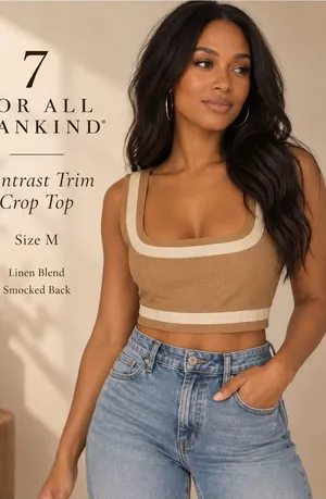 7 For All Mankind Contrast Trim Linen Blend Crop Top Tan Cream M thumbnail 1