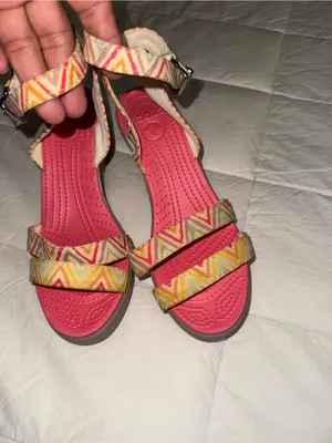 CROCS Brown Wedge Sandals with Multicolor Chevron Straps thumbnail 2