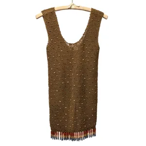 Vicky Moreinis Brown Knit Beaded Swimwear Cover up Dress Beaded Fringe Stretch thumbnail 8