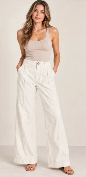Anthropologie Cream Wide Leg Pants Womens US 0 High Rise Cotton Stretch Trouser thumbnail 1