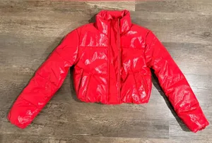 Ambiance Red Shiny Puffer Jacket - Women's Short Coat thumbnail 1