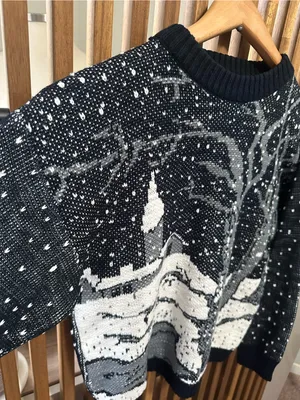 VTG Extra Black White Winter Scenic Snow Village Knit Sweater Size XS thumbnail 4