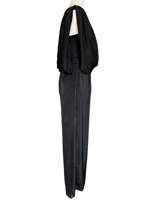 DO+BE black satin jumpsuit featuring an asymmetrical draped one-shoulder overlay thumbnail 9
