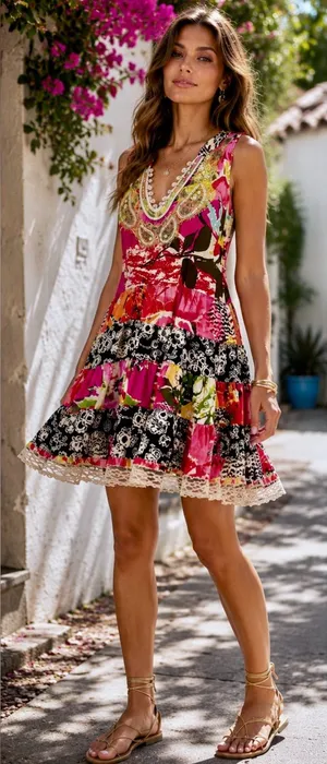 FREE PEOPLE Patchwork Dress Embellished Neck Back Cinch Boho Y2K Floral Sz M💛 thumbnail 1