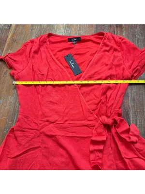 Lulus Red Wrap Mini Dress Short Sleeve Tie Cuff V-Neck Size Large NWT thumbnail 8