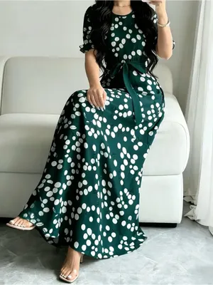 Polka Dot Maxi Dress in Dark Green with Belt thumbnail 4