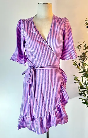 Gap Linen Purple and pink Striped Wrap Dress with Ruffle Hem thumbnail 1
