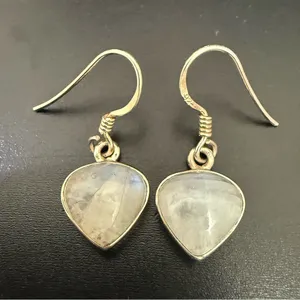 Vintage 925 Sterling Silver Small Heart Moonstone Drop Earrings 3.6g thumbnail 2