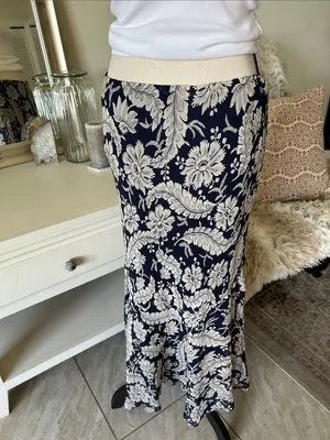 Ralph Lauren Vtg navy beige boho western country floral pull on midi skirt 10 L thumbnail 6