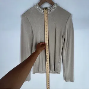Endless Rose Metallic Gold Stretch Jersey‎ Liquid Knit Embellished Neck Top M thumbnail 9