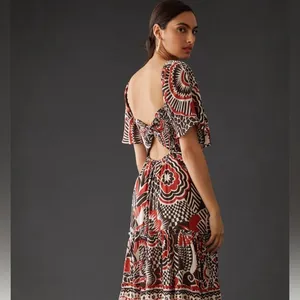 👗🌟Anthropologie Tiered Maxi Dress XS Boho Cutout Flutter Sleeve Red Black Print thumbnail 3