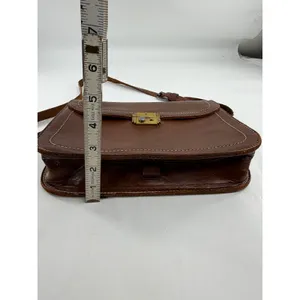 Vintage Brown Leather Crossbody Satchel Bag Contrast Stitch Brass Hardware thumbnail 6