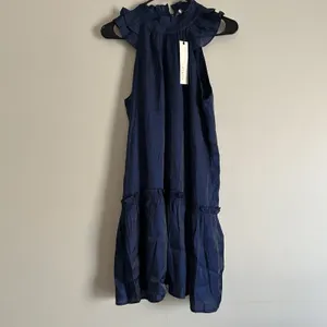 NWT Pinch Boutique Dress Small‎ Navy Blue Ruffle Neck And Trim Holiday Preppy thumbnail 2