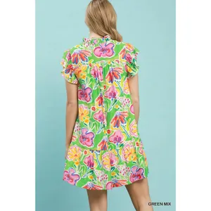Umgee Floral Ruffle Mini Dress - Green Mix - Small thumbnail 4