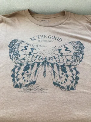 Rebellious One, Be the Good Butterfly Graphic Tee, Women's, Size L, Boho Relaxed, Tan thumbnail 7