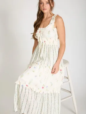 Floral Colorblock Ruffle Tiered Midi Dress Ivory Multi Medium NWT thumbnail 4