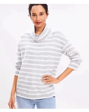 $75 LOFT - tunic style turtleneck sweater, gray and cream striped M thumbnail 1