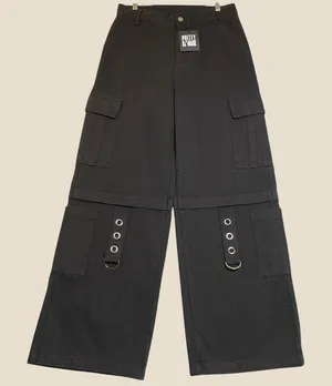 Pretty‎ Damage Cargo Pants Women's Medium Black Wide Leg Grommet Goth Grunge NWT thumbnail 1