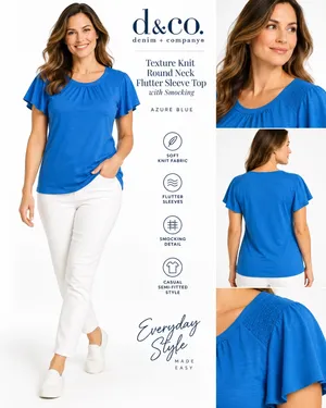 denim & co texture knit round neck flutter sleeve top azure blue size s thumbnail 2