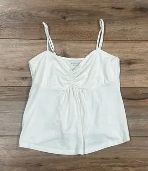 AMERICAN EAGLE Preppy Basic White Boho Flowy Ruched Tank Top | Size Medium thumbnail 1