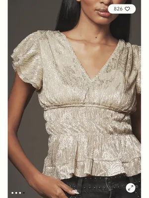 Anthropologie Smocked Metallic Gold Short-Sleeve Top thumbnail 6