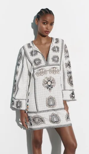 Zara Boho Embroidered Textured Cotton Tunic Shift Mini Dress White Tan Black XS‎ thumbnail 1