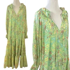 Free People Feeling Groovy Maxi Dress Size Large 70s Chartreuse Floral Bohemian thumbnail 8