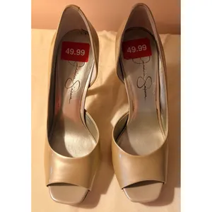 Jessica‎ Simpson Josette Pumps Womens 7.5 Gold Excellent Peep Toe d'Orsay Heels thumbnail 4
