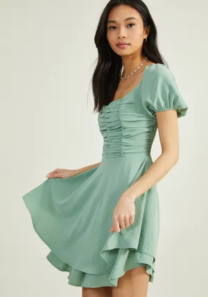 Altard State Sage Green Puff Sleeve Mini Dress thumbnail 1