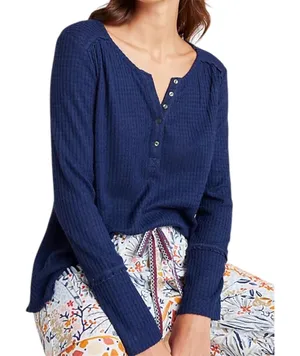 Anthropologie Navy Blue Waffle Knit Henley Long Sleeve Top Small SKU-A341 thumbnail 1