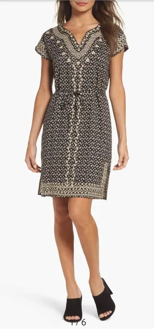 THML Black and Cream Embroidered Printed V-Neck Shift Dress with Tie size small thumbnail 1