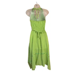 Boho Chic green crochet floral embroider halter cotton dress high low skirt sz S thumbnail 2