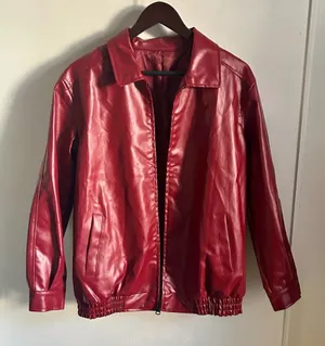 Classic Red Vegan Leather Front Zip Oversized Bomber Style Jacket thumbnail 1