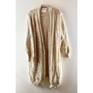 AMS Pure Long Sleeve Duster Maxi Wool Blend Cardigan Sweater Cream 6 thumbnail 2