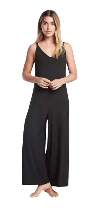 ZARA | M | Double V-Neck Tie Shoulder Wide Leg Black 100% Cotton Lounge Jumpsuit thumbnail 1