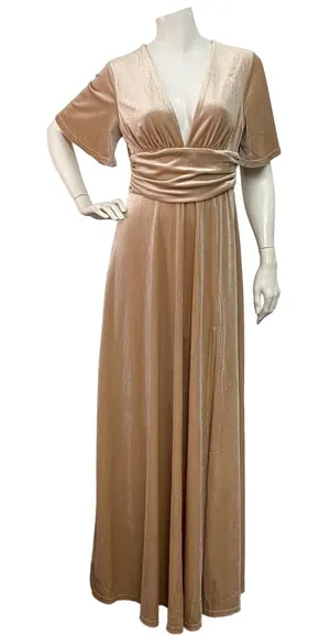 Baltic Born Women's Medium Tan V-Neck Bridesmaid Short Sleeve Velvet Maxi Dress thumbnail 1