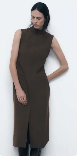 Zara Womens Brown Mock Neck Minimalist Career Sleeveless Front Slit Midi Dress S thumbnail 1