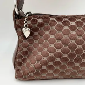 Vintage 90s Y2K Faux Fur Mini Bag Purse Chocolate Brown Printed Heart Charm Zip thumbnail 2
