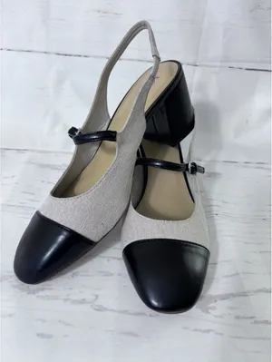 J. Crew Mary Jane Slingback Heels Cap Toe Block Heel Tweed Black Tan Sz 11 thumbnail 2