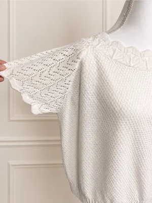 Vintage Ivory Pointelle Knit Flutter Sleeve Scalloped Sweater Top thumbnail 3