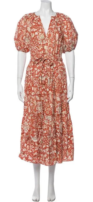Ulla Johnson Olina Dress Orange White Floral Puff Sleeve Tiered Midi Dress Sz 2 thumbnail 1