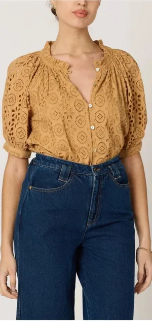Cleobella Kate Organic Cotton Eyelet Puff Sleeve Blouse Wheat Brown Size Large thumbnail 1